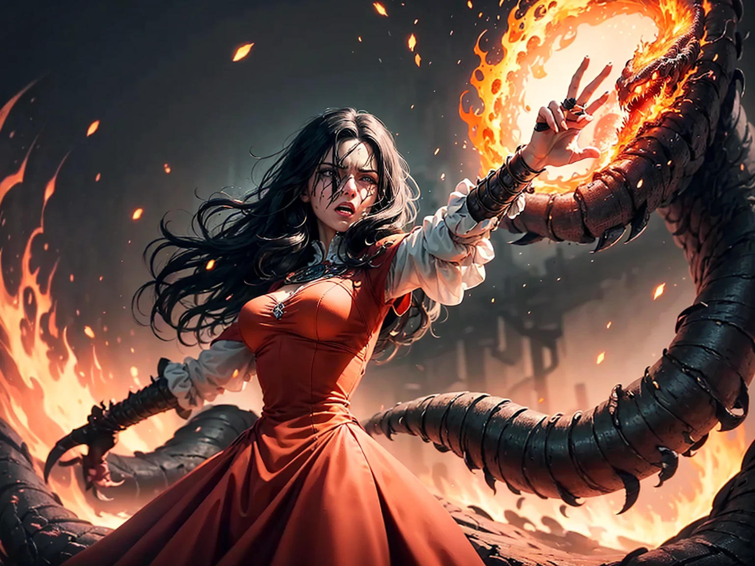((best quality)), ((masterpiece)), (detailed), A digital illustration of an injured long black haired woman attacking on a monster's hands with a shining knife with a furious expression on her face. She is wearing a peach-colored princess dress and the background is fiery lava