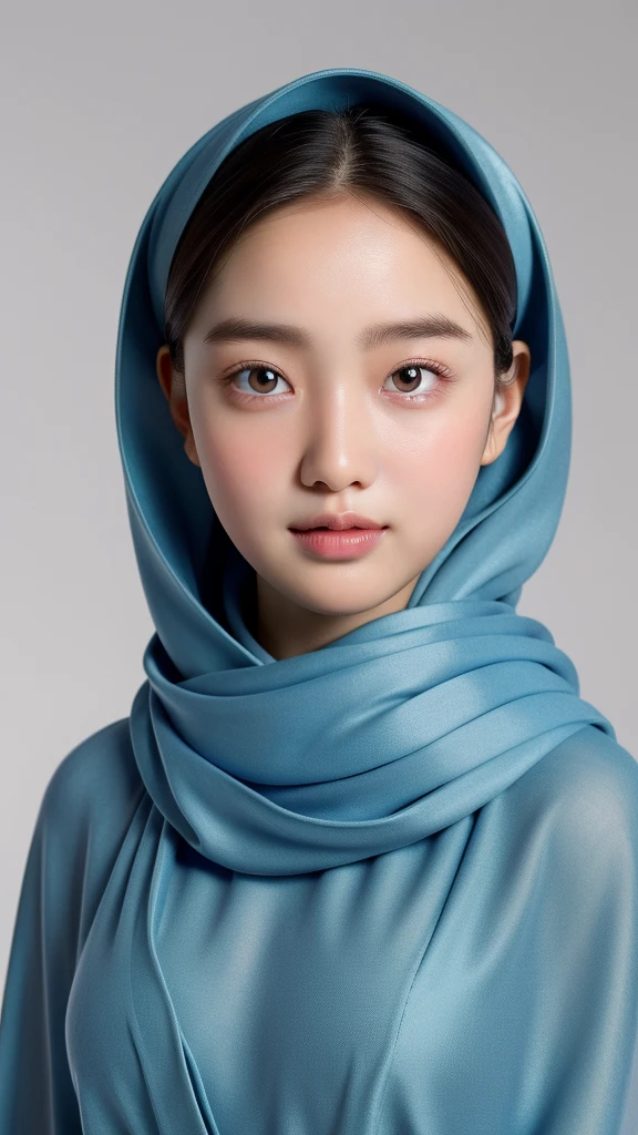 (Masterpiece: 1.4, Best Quality): This exquisite 8k wallpaper showcases full body portrait of A 18 years old Korean girl in elegant detail. Dressed in a full covered cloth long, beautiful light blue hijab and jubba thobbe, she exudes an air of tranquility and aesthetic beauty. The perfect lighting illuminates her every feature, revealing intricate details of her slim body and medium-sized, covered breasts. Her face is a portrait of perfection, with highly detailed facial features including subtle blush and a captivating expression that plays with the eyes, rolling, crossed, or simply expressive. The background is equally detailed, bursting with unity and realism. (Solo)