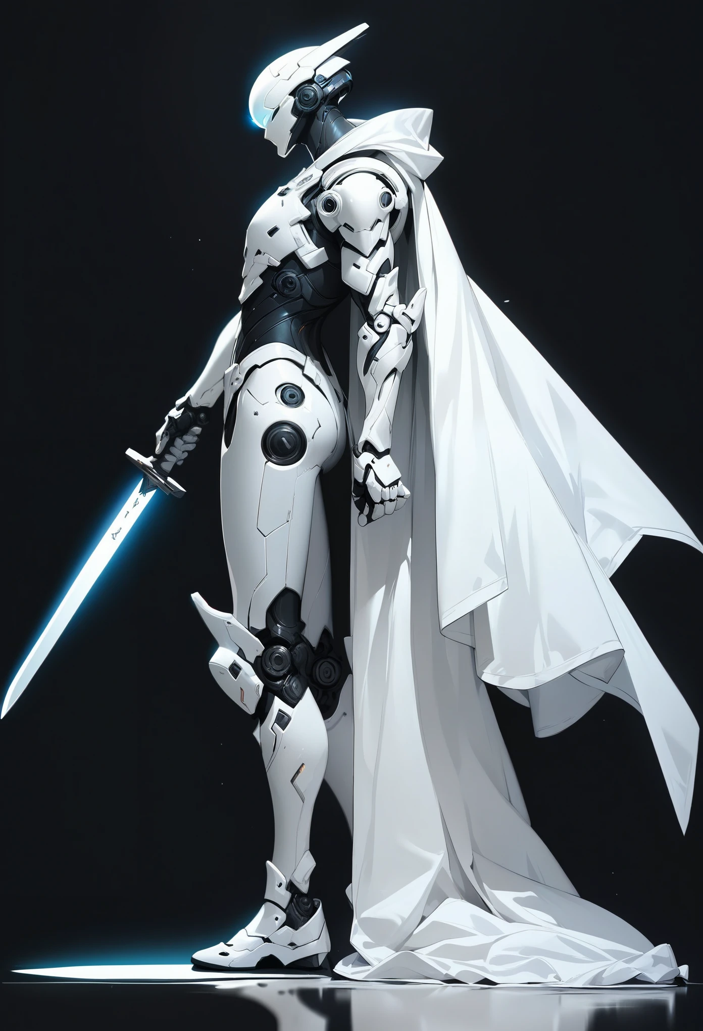 1 boy, alone, profile, plain background, white armor, white glowing eyes, full body, light armor, white hair, cyberpunk, sword pointing at the ground, white cape, holding a sword stuck in the ground, sword with white and black engravings, black background, full white armor, white futuristic helmet, standing pose leaning on the sword, tight armor, dark aura, white mechanical arm, side view