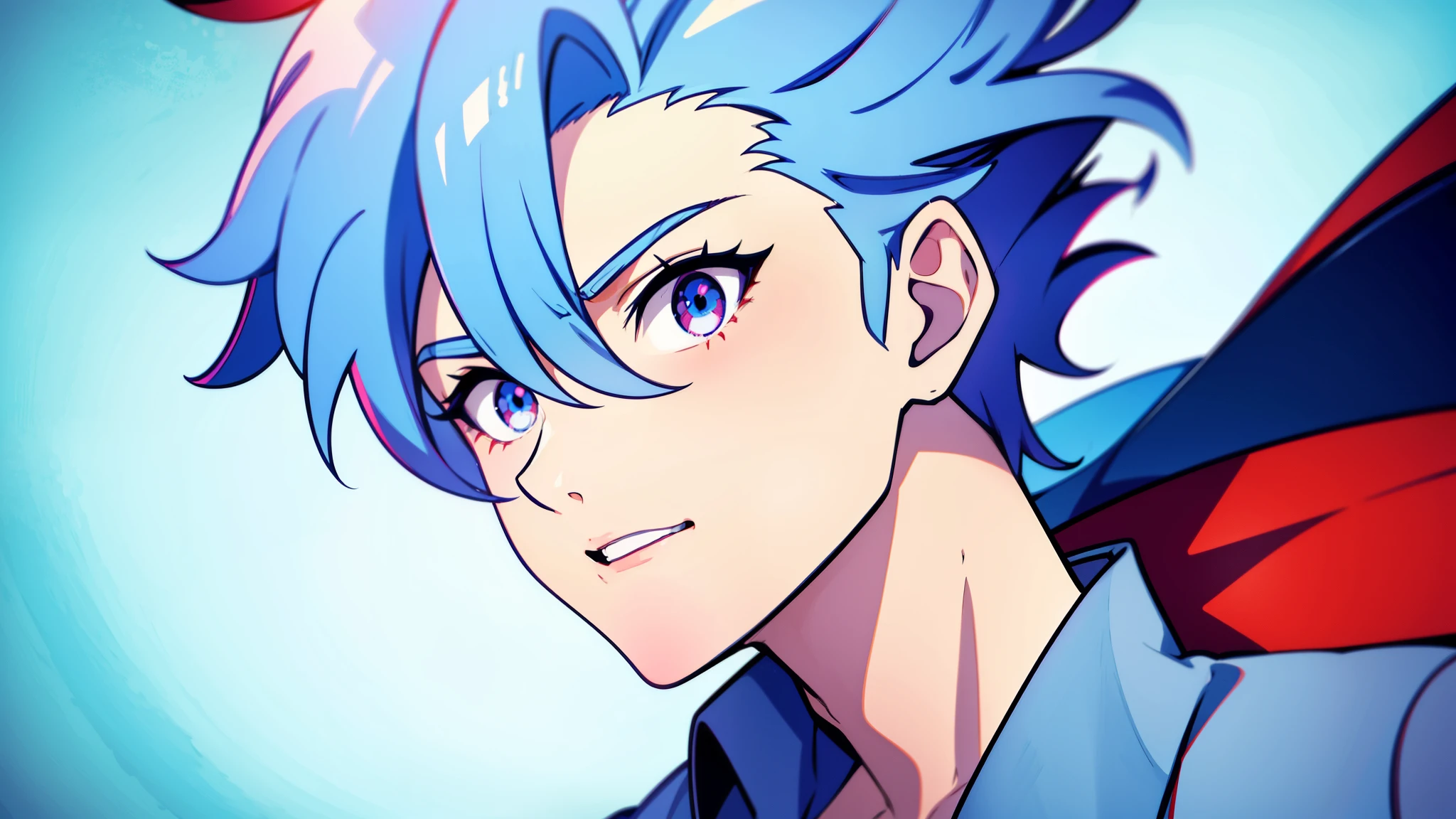 anime boy, mouth open, talking, yawning, tongue, teeth, happy, dark blue hair, blue eyes, red clothes, wide eyes, white shirt (beautiful and aesthetic:1. 5), thick black lineart, clean lineart, perfect lineart, sharp lineart, best quality, high quality, best quality, ultra-detailed, saturated colours, HD,