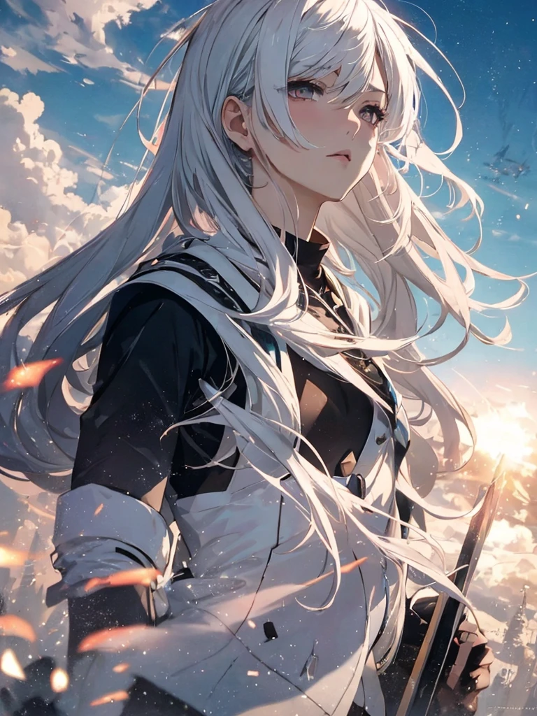 Looking up at the exploding sky、One Woman, White hair color、Amazing anime 8k,Pose looking up to the sky, Lifting your chin and looking up、male Anime characters, trigger anime art style,Japanese sword、 Best anime 4k konachan wallpaper, Nervous Teenage Assassin, Anime-style characters, Anime characters,