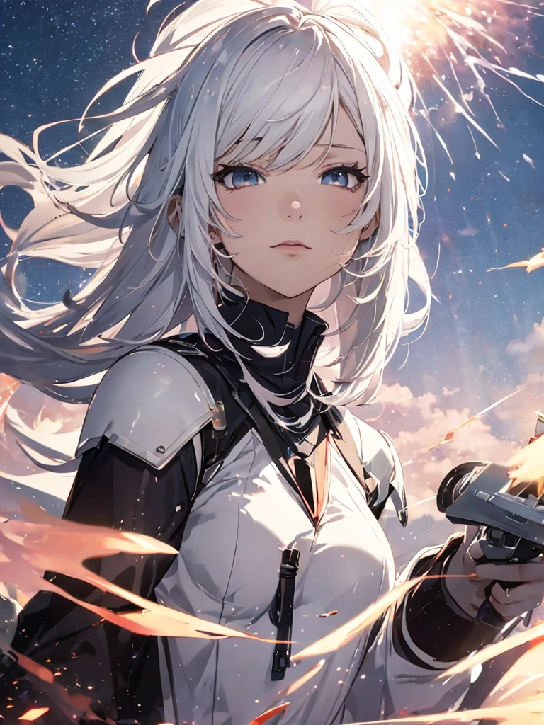 Looking up at the exploding sky、One Woman, White hair color、Amazing anime 8k,Pose looking up to the sky, Lifting your chin and looking up、male Anime characters, trigger anime art style,Japanese sword、 Best anime 4k konachan wallpaper, Nervous age Assassin, Anime-style characters, Anime characters,