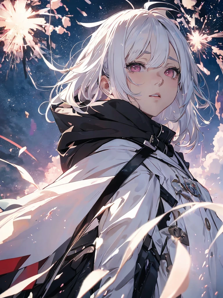 Looking up at the exploding sky、One Woman, White hair color、Amazing anime 8k,Pose looking up to the sky, Lifting your chin and looking up、male Anime characters, trigger anime art style,Japanese sword、 Best anime 4k konachan wallpaper, Nervous age Assassin, Anime-style characters, Anime characters,