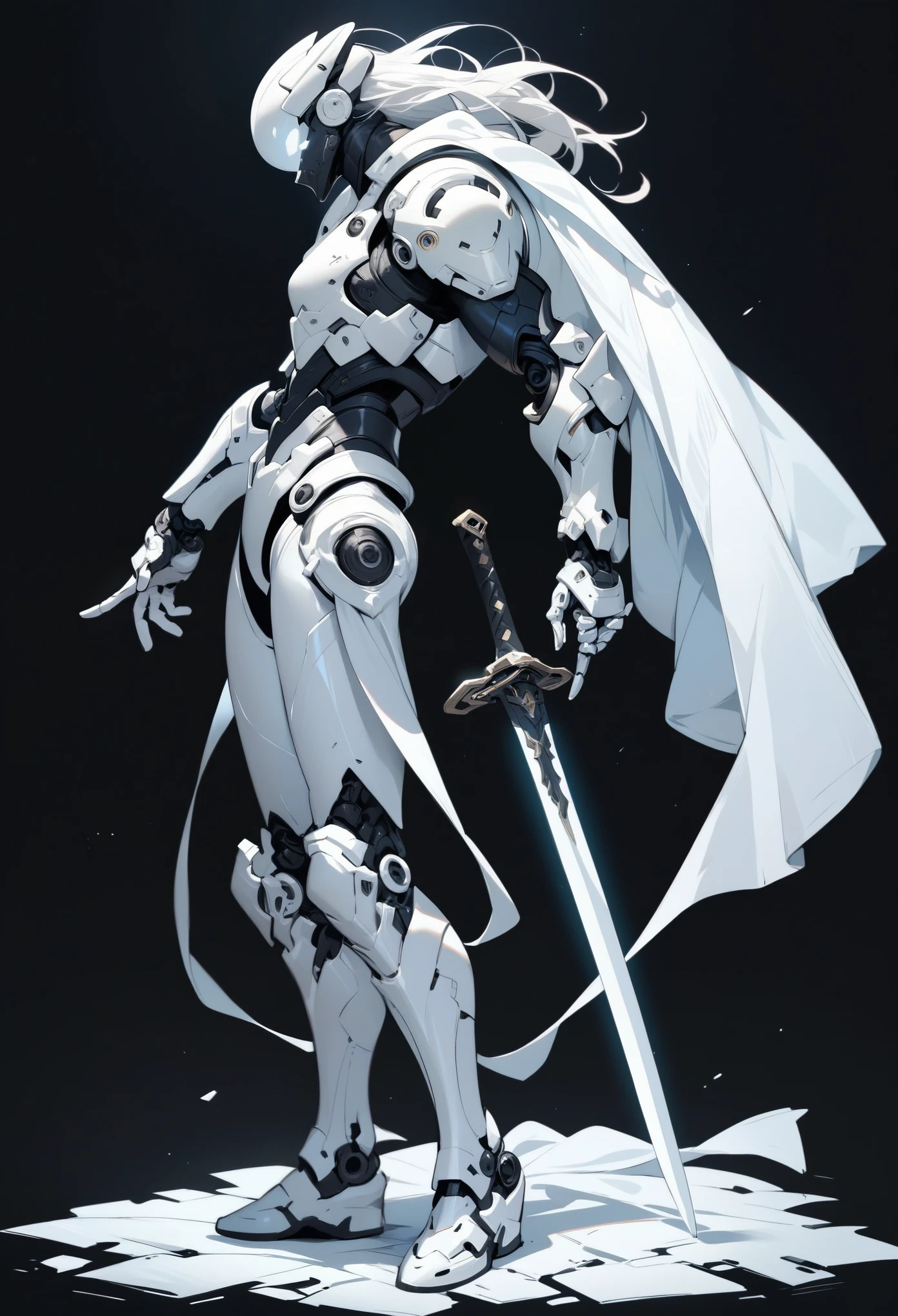 1 boy, alone, profile, plain background, white armor, white glowing eyes, full body, light armor, white hair, cyberpunk, sword pointing at the ground, white cape, holding a sword stuck in the ground, sword with white and black engravings, black background, full white armor, white futuristic helmet, standing pose leaning on the sword, tight armor, dark aura, white mechanical arm, side view