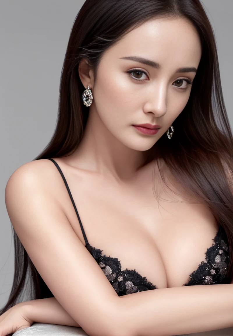 a beautiful girl with detailed eyes, nose, and lips, hyper realistic, photorealistic, detailed skin pores, slender face, yangmi, heavy makeup, sitting, looking at the viewer, medium breasts, earrings, 4k, HDR, best quality, masterpiece, ultra-detailed, realistic, physically-based rendering, extreme detail description, vivid colors, studio lighting