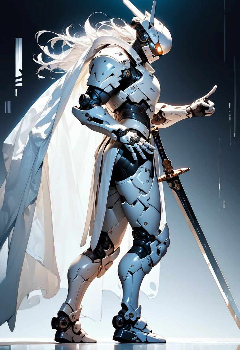 1 boy, alone, three-quarter profile, detailed background well integrated into the image, white armor, white glowing eyes, full body, light armor, white hair, cyberpunk, sword pointing to the ground, white cape, holding a sword stuck in the ground, sword with white and black engravings, background of a castle entrance, full white armor, white futuristic helmet, standing pose leaning on the sword, tight armor, dark aura, white mechanical arm, side view