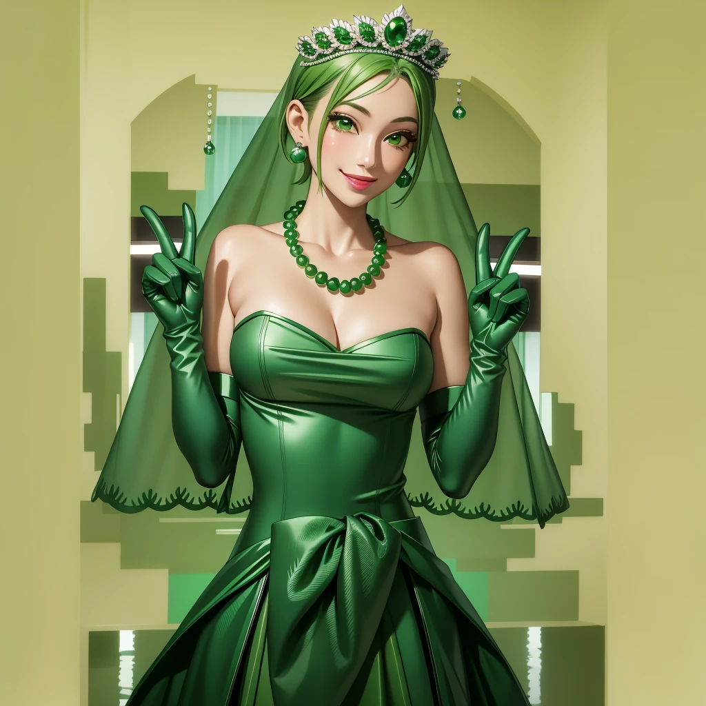 Emerald tiara, Green Pearl Necklace, ボーイッシュな非常に短いGreen Hair, Green Lips, Smiling Japanese woman, Very short hair, Busty beautiful lady, Green Eyes, Green satin long gloves, Green Eyes, Emerald Earrings, Green veil, all, Green Hair, Beautiful Japanese Women, green lip gloss