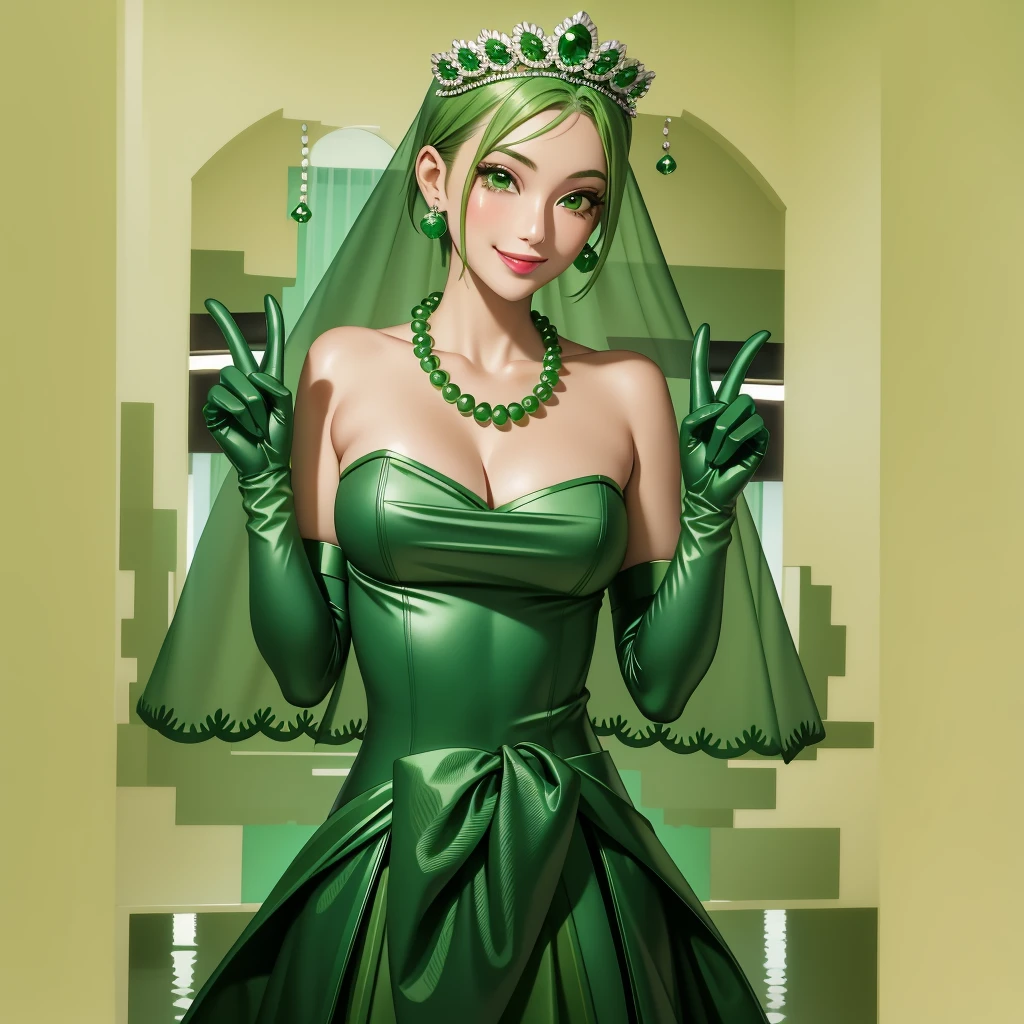 Emerald tiara, Green Pearl Necklace, ボーイッシュな非常に短いGreen Hair, Green Lips, Smiling Japanese woman, Very short hair, Busty beautiful lady, Green Eyes, Green satin long gloves, Green Eyes, Emerald Earrings, Green veil, all, Green Hair, Beautiful Japanese Women, green lip gloss