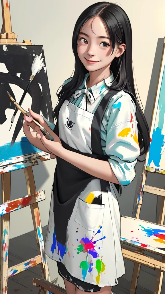 (best qualityer, work of art), 1 girl, painter while painting, apron, ink spatter, long hair, blouse, glad, smiling, fully body, head to feet, holding paint brush