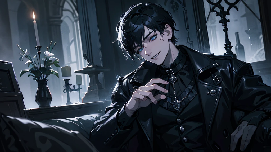 a boy in a gothic e-boy outfit, dripping liquid from a bottle, smiling, highly detailed, photorealistic, 8k,best quality, hyperdetailed, dramatic lighting, neo-gothic, moody colors, dark atmosphere