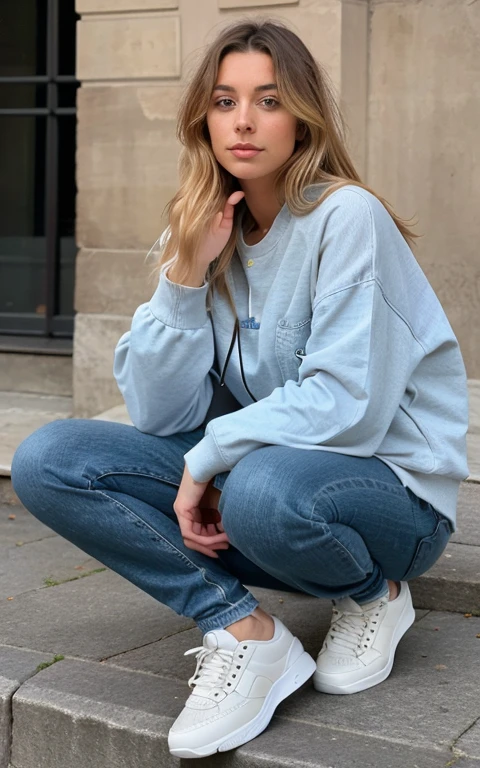 ((Tir lointain)) influenceuse blonde aux longs cheveux naturels ondulés,Combinez des éléments streetwear classiques, Comme des baskets, Sweats ou jeans avec accessoires de haute qualité, comme un sac de créateur ou une montre de luxe, pour créer un look moderne et élégant, extravagant , 8k, extrêmement détaillé, photoréaliste, détails complexes, texture de peau réaliste, cheveux réalistes, texture, heureux, 8k euh, meilleure qualité, haute résolution, Attention aux détails, très grand , Tir lointain, grand angle