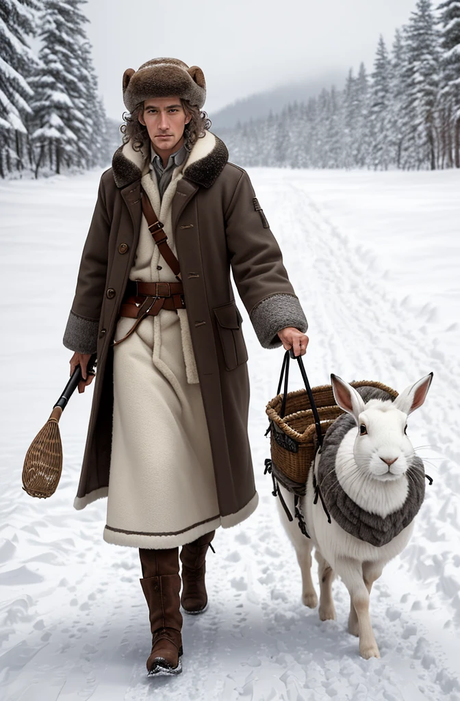 photorealistic, a male hunter walks with a hunting rifle on his back, a basket in his hands, a white hare in the basket, Slavic appearance, about 70 years old, rough weathered tassels, in a fur hat with earflaps made of skins has short, dense and curly hair, small curls of dark gray color, a sheepskin coat, stands in deep snow, looks straight into the camera --ar 5:4 --s 500