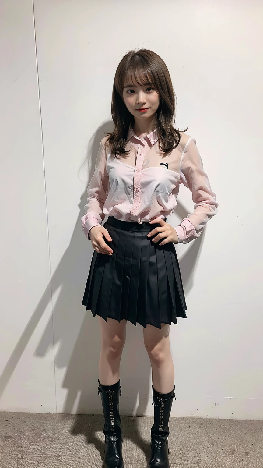 (8k、RAW Photos、Highest quality、masterpiece:1.2)、(Realistic、Realistic)、1 Girl、((Pink and black see-through dresini skirt、Exposed Skin、whole body、boots、View from the front、Looking at the camera、Hotel、Stand with hands on hips))、cute