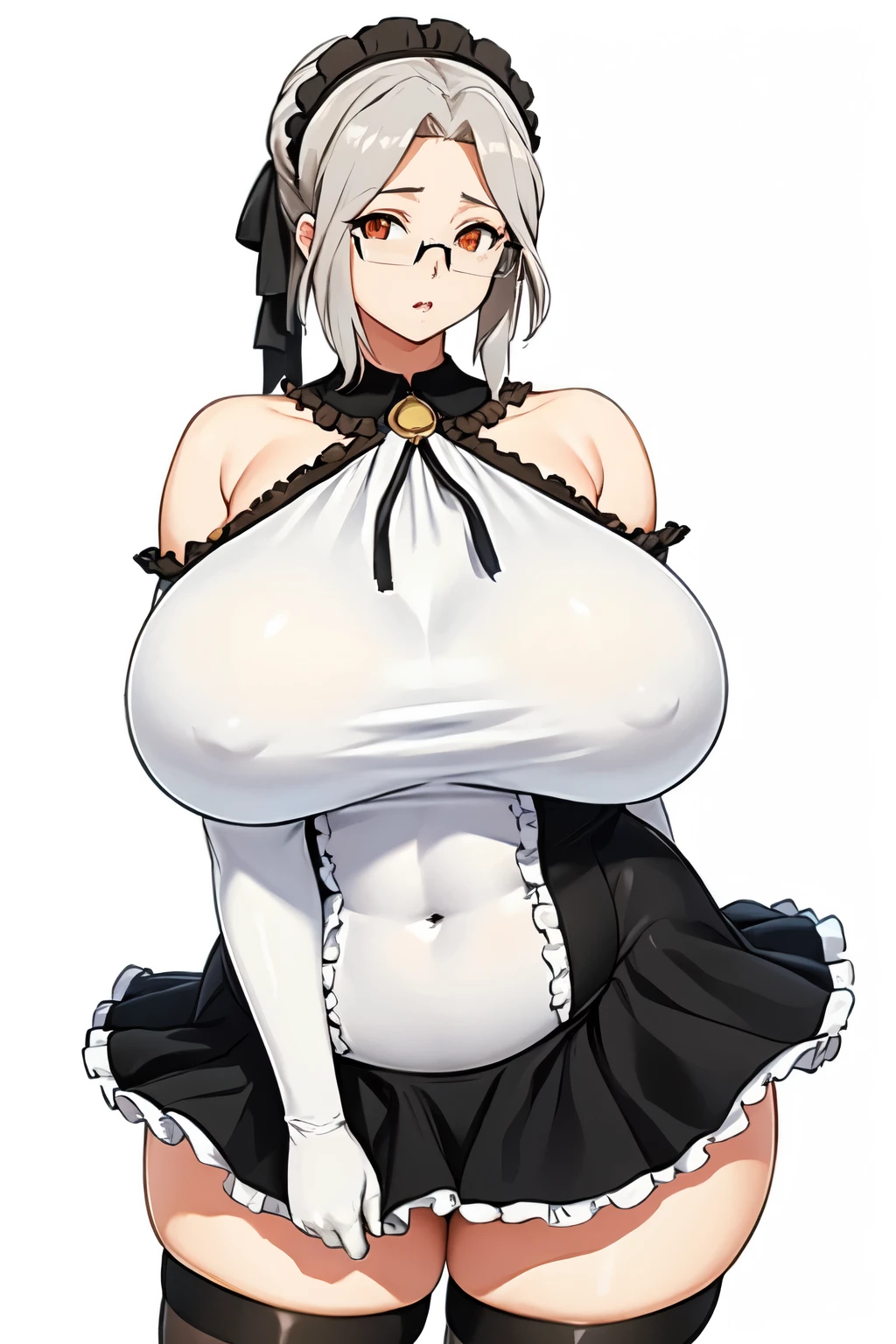 Red eyes, Gray Hair, Side Lock, Huge breasts, bangs, parted bangs, curvy, Glasses, 縁なしGlasses, semi-縁なしGlasses,labiMaid, gloves, white gloves, Exposing shoulders, black Maid headdress, Maid, Black knee socks, Frills, Covered navel, white elbow gloves, Short dress, Collared dress, Maid dress, Black collar,
(Huge breasts:1.2), narrow waist, wide hips, thick thighs, bare legs, Camel Toe, panties,
jewelry, Place your hand on your chest,See through, View your viewers, hair ornaments, choker, shy,
(masterpiece, Highest quality, Highest quality, Official Art, beautifully、aesthetic:1.2), (1 girl), Very detailed, colorful, Most detailed,
simple white background, (from side:0.8)