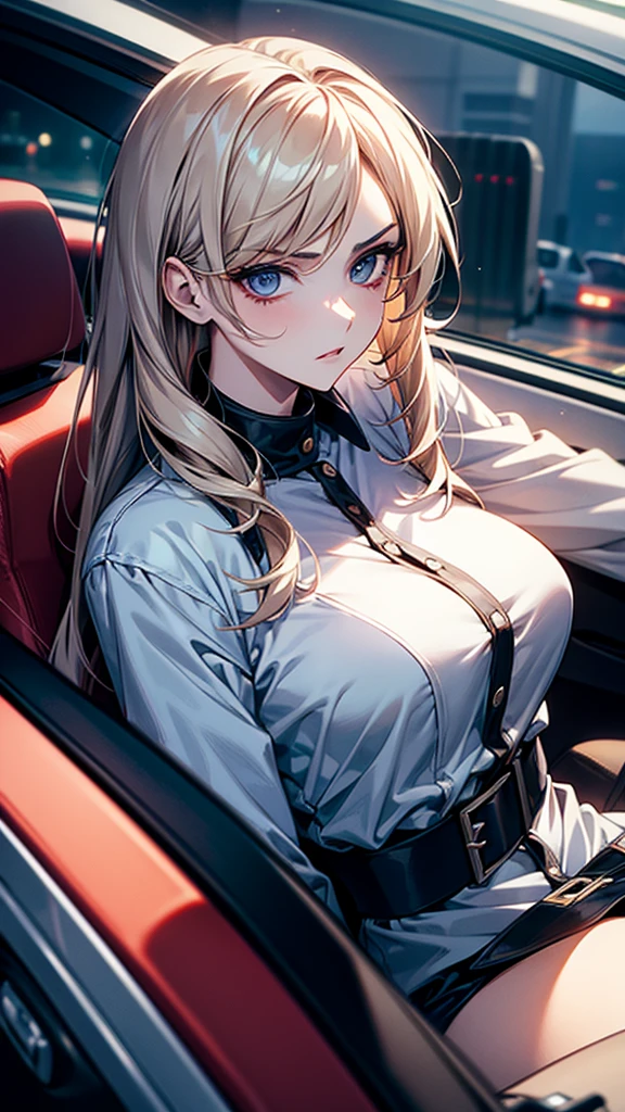 Masterpiece, Best Quality, High Quality, CG, 8K, Stylish woman with a serious expression driving a speeding car, anime style