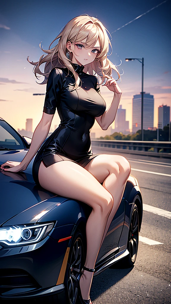 Pava, car model, dress, dress, over-the-knee white leather boots, walked, long horns on the head, red feet, fangs, tight skirt, racing girl, blonde hair, bodice tights, high-heeled boots, beautiful face, yellow pupils