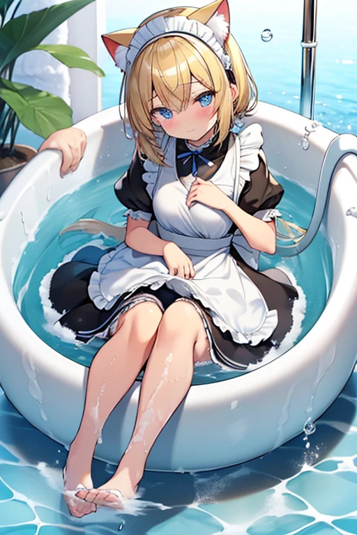 (Ultra high quality:1.6), (Highest quality:1.6), (Attention to detail:1.6), (Ultra-high resolution:1.6), (Detailed face:1.6), (Perfect Face:1,6), (Beautiful Eyes:1,6), (Detailed eyes:1.6), (Maid clothes, White apron, Headband, Black Dress, Blue ribbon, Maid clothes, Classic, Small breasts, Long:1.4), (白と黒のMaid clothes:1.6), (Blonde, Blue Eyes, Cat ear:1.5), cute, The best smile, Soaking wet, (Water droplets all over the body:1.4), (全身White foamまみれ:1.4), (Swimming in clothes, bathing, Bathroom, Longの浴槽:1.6), (relax, Relax in the bathtub:1.6), (Bubble bath:1.4, White foam:1.4), (Maid clothesのまま浴槽へ:1.4), 衣服にもWhite foam, (Immerse yourself in water from your toes to your chest:1.6), (Deep hot water:1.4), shampoo, Body Soap, Wash your body with your clothes on, 