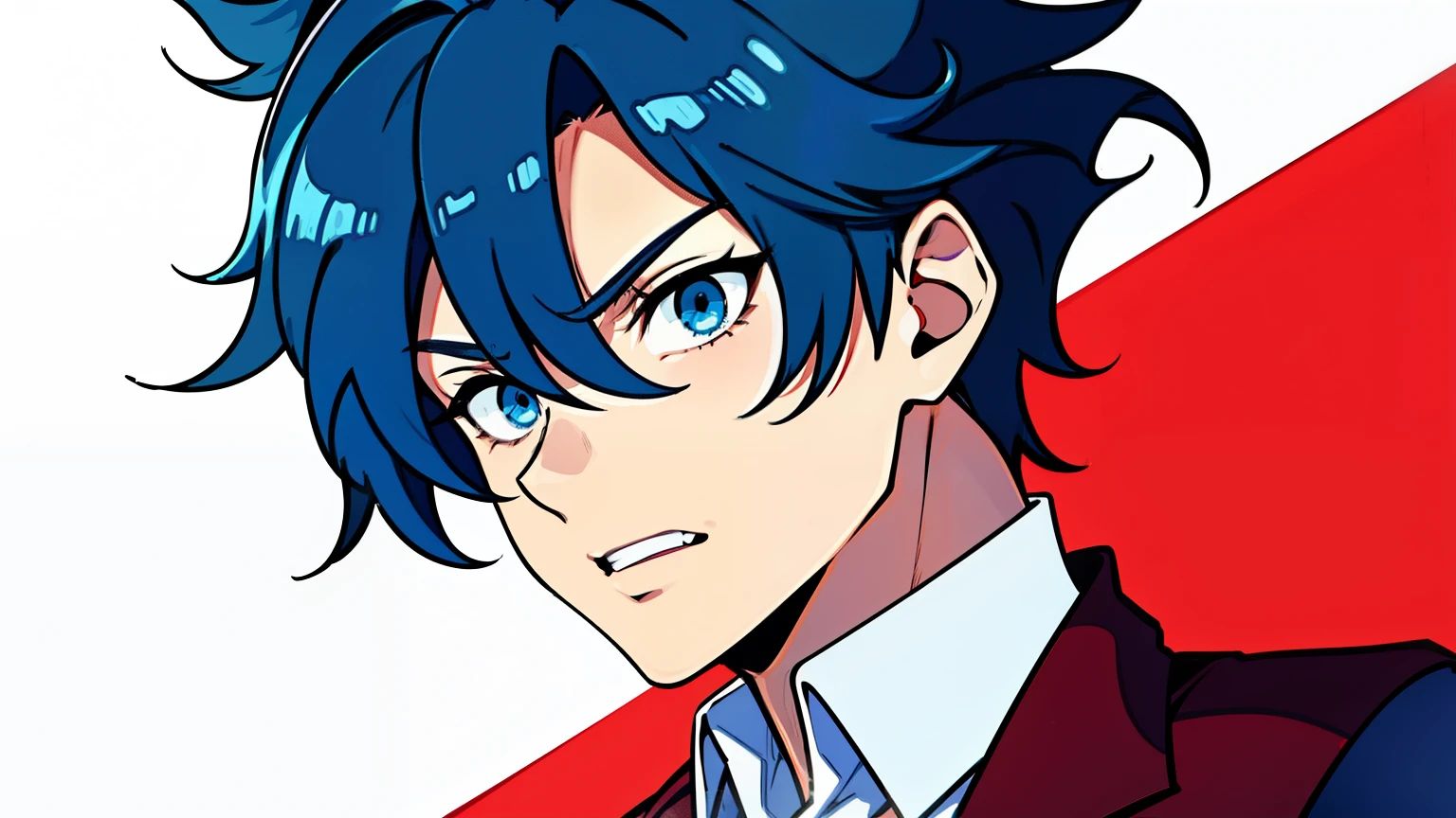 anime boy, mouth open, talking, yawning, tongue, teeth, happy, dark blue hair, blue eyes, red clothes, wide eyes, white shirt (beautiful and aesthetic:1. 5), thick black lineart, clean lineart, perfect lineart, sharp lineart, best quality, high quality, best quality, ultra-detailed, saturated colours, HD,