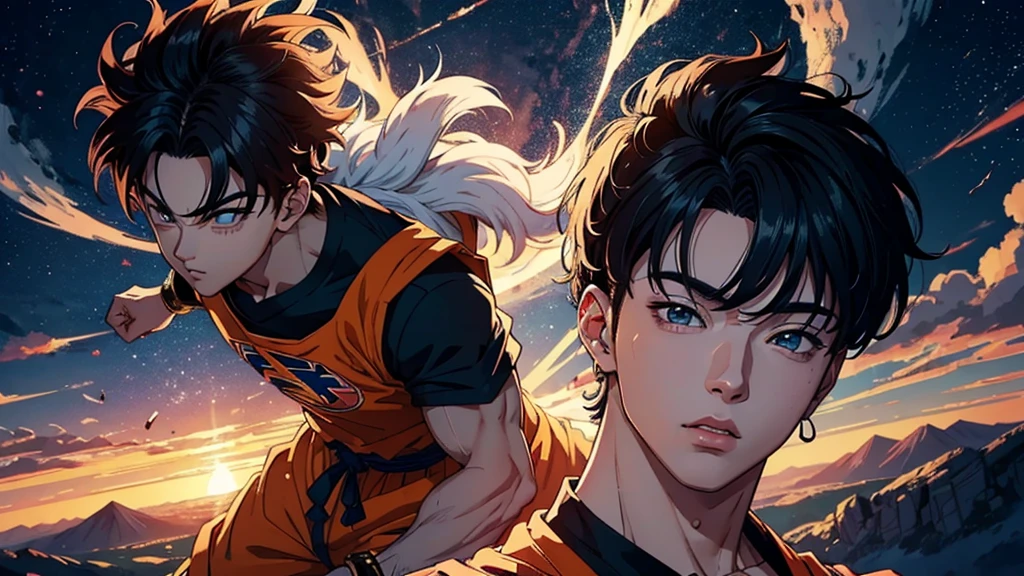 um jovem homem de 18 anos, bts, kpop, (best quality:1.0), (ultra highres:1.0), detailed illustration, 8k, anime, best quality, dragon ball z art style