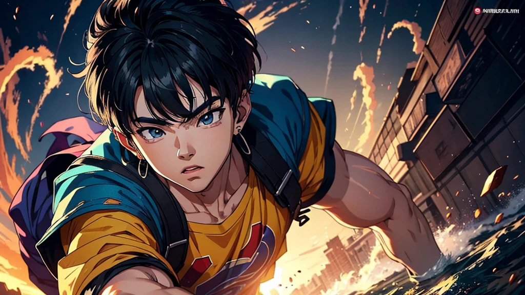 um jovem homem de 18 anos, bts, kpop, (best quality:1.0), (ultra highres:1.0), detailed illustration, 8k, anime, best quality, dragon ball z art style