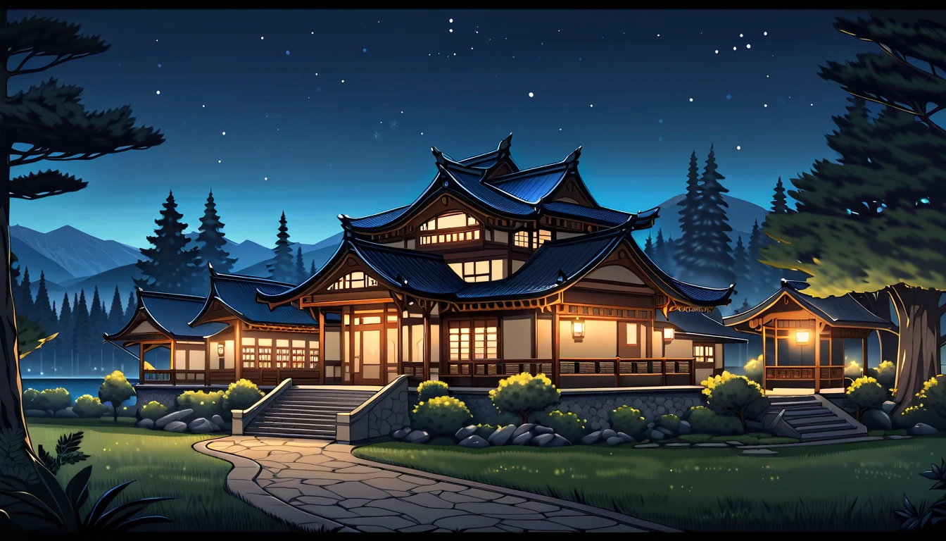 masterpiece, best quality, number, illustration, Anime style background, landscape, Low exposure, 4K resolution, Extreme details, Very detailed, night, light, Trees, Comfort, architecture