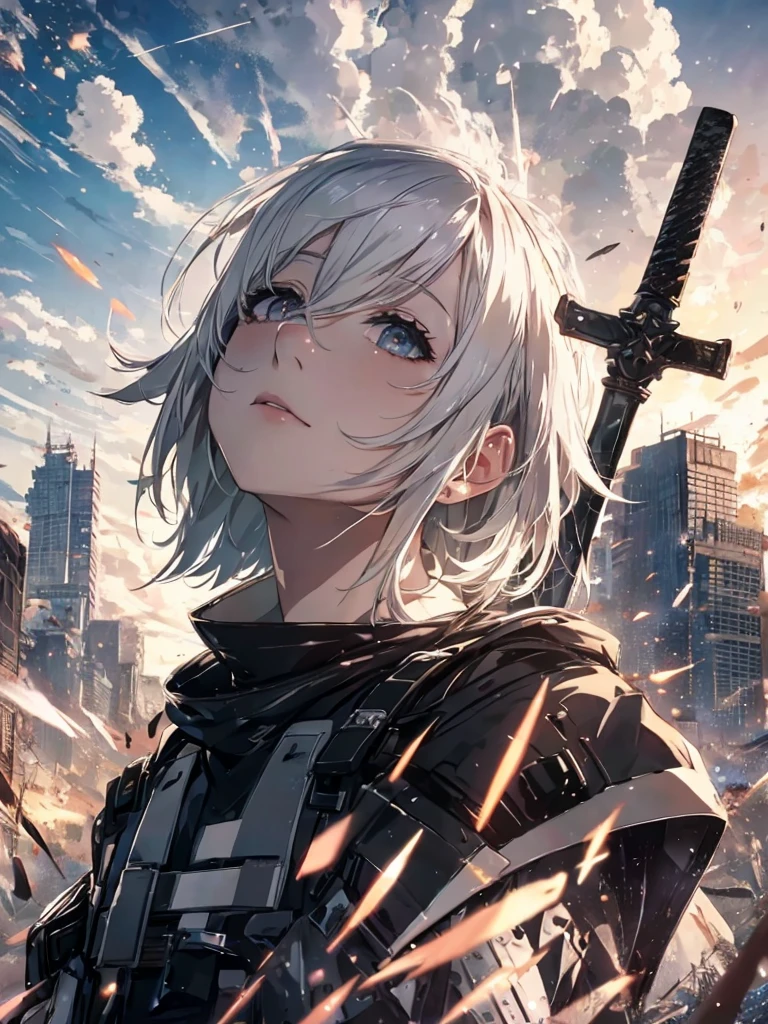 Dystopia、Looking up at the exploding sky、One Woman, White hair color、Amazing anime 8k,Pose looking up to the sky, Lifting your chin and looking up、male Anime characters, trigger anime art style,Japanese sword、 Best anime 4k konachan wallpaper, Nervous Teenage Assassin, Anime-style characters, Anime characters,