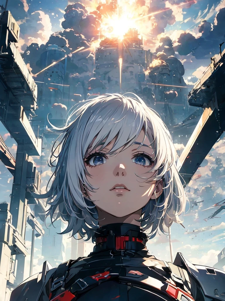 Dystopia、Looking up at the exploding sky、One Woman, White hair color、Amazing anime 8k,Pose looking up to the sky, Lifting your chin and looking up、male Anime characters, trigger anime art style,Japanese sword、 Best anime 4k konachan wallpaper, Nervous Teenage Assassin, Anime-style characters, Anime characters,