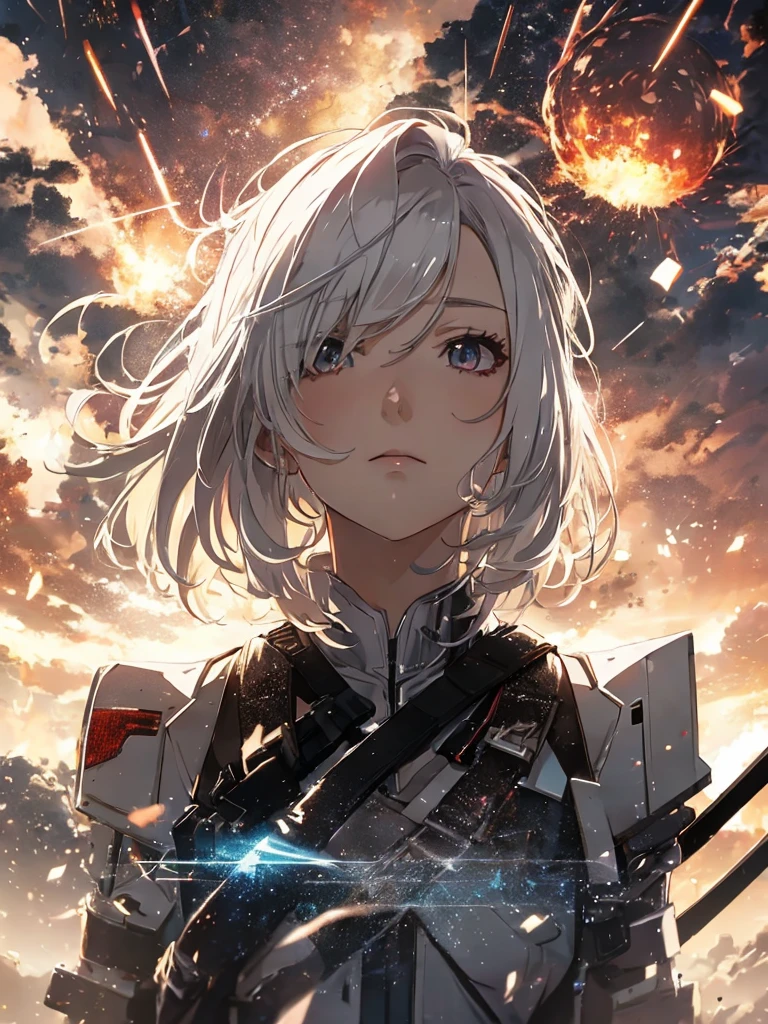 Dystopia、Looking up at the exploding sky、One Woman, White hair color、Amazing anime 8k,Pose looking up to the sky, Lifting your chin and looking up、male Anime characters, trigger anime art style,Japanese sword、 Best anime 4k konachan wallpaper, Nervous age Assassin, Anime-style characters, Anime characters,