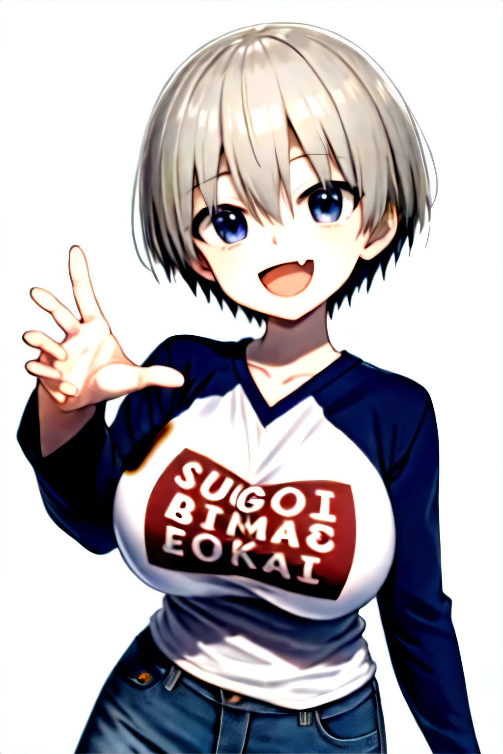 masterpiece, best quality, 1girl, uzaki hana, grey hair,  short hair, hair between eyes, bangs, blue eyes, skin fang, black pantyhose, boots, (bracelet:0.7), clothes writing, denim skirt, large breasts, long sleeves, open mouth, raglan sleeves, romaji text,
smile, solo, upper body, reaching out, looking at viewer, simple background 