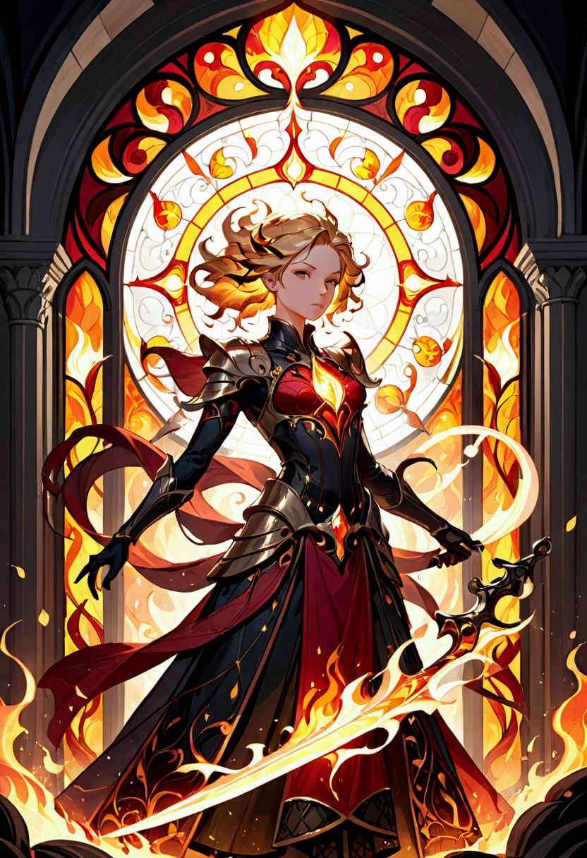 Create a series of images for the element fire inspired by the aesthetics of a detailed stained glass art with defined lines and vivid colors that mimic and remind us of a bygone fantasy era. Each image should reflect the characteristics of the corresponding element, using an appropriate color palette. The element of fire, with details and ornaments inspired by flames and heat. Intense reds, bright oranges, yellows and golden tones. Incorporate elements of fire and lava, with burning blades and details in the form of flames.