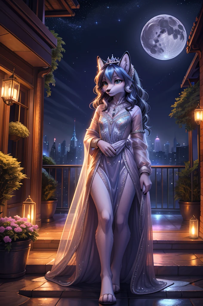 beautiful, (masterpiece), high quality, Highly detailed CG Unity 8k wallpaper, High resolution, perfect lighting, youthful, adolescent, tall, slim, skinny, frail slender figure, slim legs, distinctly feminine figure, narrow hips, long legs, medium plump breasts, A cinematic scene featuring a female furry fox in a whimsical, moonlit cityscape. Her fur coat is a blend of silver and midnight blue with soft, shimmering highlights. Her hair is long, flowing, and styled in elegant, loose waves that cascade down her back. Her eyes are a striking emerald green, reflecting the ambient glow of the city lights.
She is dressed in a delicate, flowing gown made of a translucent, gossamer fabric that sparkles subtly in the moonlight. The gown is adorned with intricate, silver embroidery that catches the light. She wears a delicate silver tiara with small, glowing gemstones.
She is posed gracefully atop a rooftop garden, surrounded by lush, blooming nightshade flowers and softly glowing lanterns. Her expression is serene and contemplative, as she gazes out over the city skyline, which is bathed in the soft, ethereal light of a full moon.
The background features a panoramic view of the city with tall, ornate buildings and a starry sky. The scene is illuminated by the gentle, cool light of the moon, casting a tranquil, magical atmosphere over the entire setting.