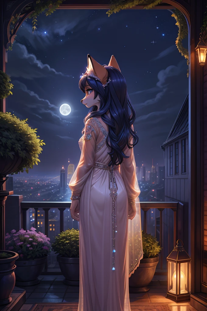 beautiful, (masterpiece), high quality, Highly detailed CG Unity 8k wallpaper, High resolution, perfect lighting, youthful, adolescent, tall, slim, skinny, frail slender figure, slim legs, distinctly feminine figure, narrow hips, long legs, medium plump breasts, A cinematic scene featuring a female furry fox in a whimsical, moonlit cityscape. Her fur coat is a blend of silver and midnight blue with soft, shimmering highlights. Her hair is long, flowing, and styled in elegant, loose waves that cascade down her back. Her eyes are a striking emerald green, reflecting the ambient glow of the city lights.

She is dressed in a delicate, flowing gown made of a translucent, gossamer fabric that sparkles subtly in the moonlight. The gown is adorned with intricate, silver embroidery that catches the light. She wears a delicate silver tiara with small, glowing gemstones.

She is posed gracefully atop a rooftop garden, surrounded by lush, blooming nightshade flowers and softly glowing lanterns. Her expression is serene and contemplative, as she gazes out over the city skyline, which is bathed in the soft, ethereal light of a full moon.

The background features a panoramic view of the city with tall, ornate buildings and a starry sky. The scene is illuminated by the gentle, cool light of the moon, casting a tranquil, magical atmosphere over the entire setting.