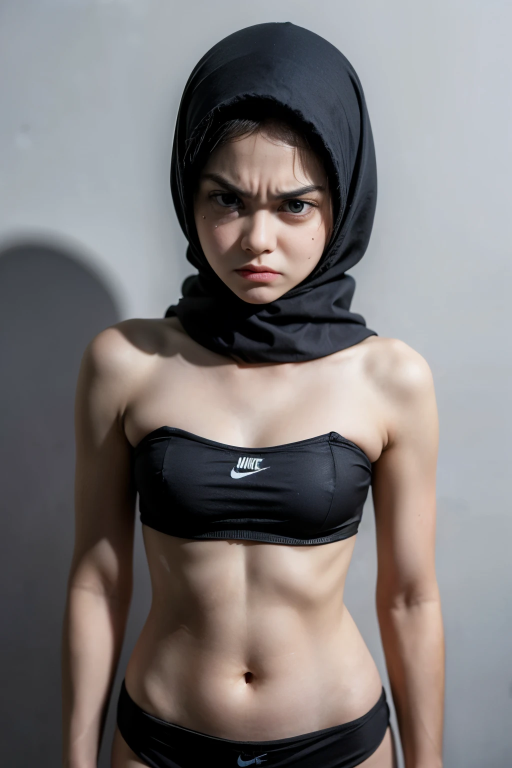 ((ANGRY FACE EXPRESSION :1.6)), ((ULTRA RESOLUTION)), ((UHD)), ((8K)), ((((HALF BODY PORTRAIT)))), ((BUSTY BREASTS)) A very angry facial reaction (NAKED PINK HIJAB), ((NIKE SPORTS STRAPLESS & PANTIES)) NAKED AT RIVER, (THIN SMALL TINY TITS), (THIN SMALL TINY TITS), (THIN SMALL TINY TITS), (THIN SMALL TINY TITS), VERY Thin Body, (DARK SKIN :1.2)