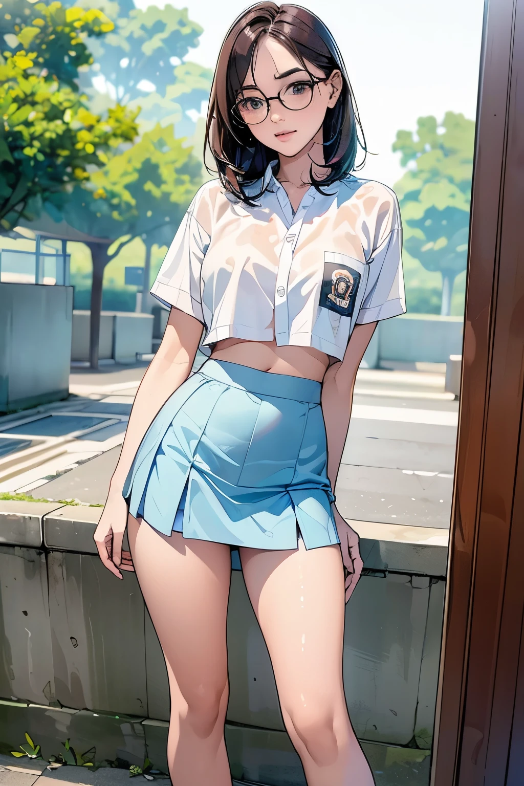 18 years old girl, (((at park))), (transparent white shirt), (wet shirt), (mini skirt), (pastel blue skirt), RAW photo, (photorealistic:1.37, realistic), highly detailed CG unified 8K wallpapers, 1girl, ((slender body:1)), (small breasts:1.3), looking at viewer, ((straight from front)), (HQ skin:1.2), (clean skin:1.2), 8k uhd, dslr, soft lighting, high quality, film grain, Fujifilm XT3, (full body:0.8) , tokyolagii , (bold glasses), full body in, perfect body, two legs, long legs, naval, (wide waist:1.2), (big tigh:1.3), crop top, (cleavage:0.7), sad, blushing