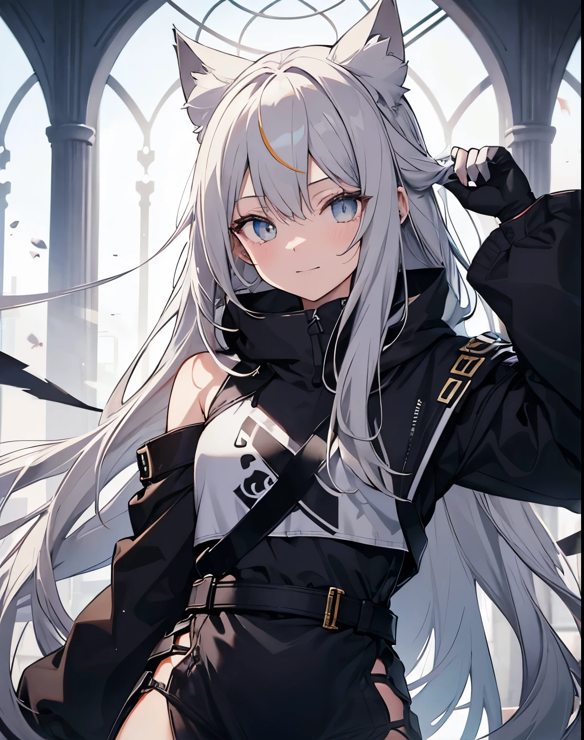 1girl, {alone}, Upper Body ,{{ {Looking at viewer}}}, neko ears, cat ears, Arms at your sides, Concept Art, white returnground, simple returnground, Gray Hair, Silver Gradient Hair , Complex fabric, Asymmetrical clothing, Virtual YouTuber, highest quality, masterpiece, Dynamic Angle, Guilty Gear, Guilty Gear, Guilty Gear, cowboy_shot, Looking_return, grab, girl,woman,woman, young,20-year-old, Very long hair, Reverse hair, Silver Hair, Flowing Hair, Grin, Beautiful and delicate golden eyes with black pupils and reflexes, Moderate_chest, Blonde detailed Eyes, White skin,hoodie, black_Shorts, Grey clothes, transparent_returnground, returnlighting, absurdes, High resolution, Super detailed,、black jacket、Cool composition、Black gloves、bare shoulders, loose hoodie.