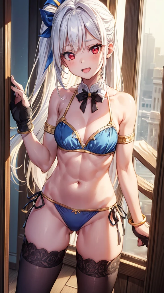 (((1 girl adolescente))), ninym ralei, (Red eyes: 1.5), White hair, (White hair: 1.1), yellow hair ornament, (yellow hair ornament: 1), black bow tie with gold, (blue bracelets, (blue bracelets: 1.2)), white gloves, (blue bikini corto apretado, (((blue bikini: 1.1))), (black thighs, (black thigh stockings)), has, (muscular belly), muscular abs, Wide hips, Thin waist, {{small breasts}}, (((dominant pose))), {{{sitting abriendo las piernas mostrando su apretado coño por culpa del bikini}}}, (((showing her tight pussy through the bikini))), (((sitting))), {{{Full body photo}}}, {sitting encina de una mesa de madera}, happy, open mouth smile, REST, looking at the viewer , breaking and entering, old study room, {study room with an antique wooden desk}, interval (masterpiece: 1.2), Best Quality, highest resolution, unity wallpaper 8k, (illustration: 0.8), (beautiful detailed eyes: 1.6), (extremely detailed face), perfect lighting, Extremely detailed CG, Extremely detailed focus, (perfect anatomy), {anatomically correct}, {{perfect hands, (correct hands)}, {perfect and beautiful}.