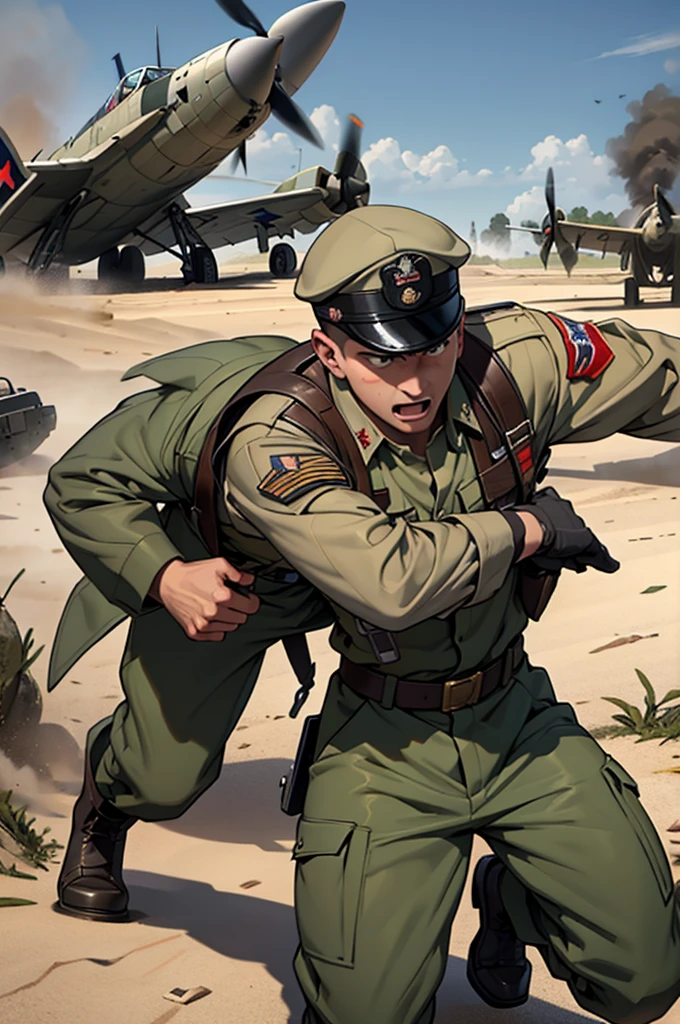 Create a scene set in World War II of brave soldiers on the battlefield in different scenarios with fighter planes