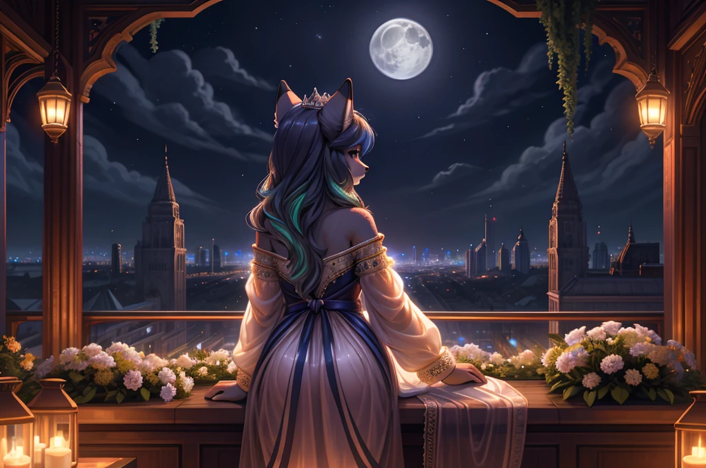 beautiful, (masterpiece), high quality, Highly detailed CG Unity 8k wallpaper, High resolution, perfect lighting, youthful, adolescent, tall, slim, skinny, frail slender figure, slim legs, distinctly feminine figure, narrow hips, long legs, medium plump breasts, A cinematic scene featuring a female furry fox in a whimsical, moonlit cityscape. Her fur coat is a blend of silver and midnight blue with soft, shimmering highlights. Her hair is long, flowing, and styled in elegant, loose waves that cascade down her back. Her eyes are a striking emerald green, reflecting the ambient glow of the city lights.

She is dressed in a delicate, flowing gown made of a translucent, gossamer fabric that sparkles subtly in the moonlight. The gown is adorned with intricate, silver embroidery that catches the light. She wears a delicate silver tiara with small, glowing gemstones.

She is posed gracefully atop a rooftop garden, surrounded by lush, blooming nightshade flowers and softly glowing lanterns. Her expression is serene and contemplative, as she gazes out over the city skyline, which is bathed in the soft, ethereal light of a full moon.

The background features a panoramic view of the city with tall, ornate buildings and a starry sky. The scene is illuminated by the gentle, cool light of the moon, casting a tranquil, magical atmosphere over the entire setting.