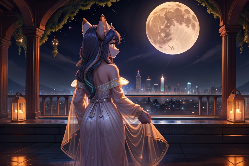 beautiful, (masterpiece), high quality, Highly detailed CG Unity 8k wallpaper, High resolution, perfect lighting, youthful, adolescent, tall, slim, skinny, frail slender figure, slim legs, distinctly feminine figure, narrow hips, long legs, medium plump breasts, A cinematic scene featuring a female furry fox in a whimsical, moonlit cityscape. Her fur coat is a blend of silver and midnight blue with soft, shimmering highlights. Her hair is long, flowing, and styled in elegant, loose waves that cascade down her back. Her eyes are a striking emerald green, reflecting the ambient glow of the city lights.

She is dressed in a delicate, flowing gown made of a translucent, gossamer fabric that sparkles subtly in the moonlight. The gown is adorned with intricate, silver embroidery that catches the light. She wears a delicate silver tiara with small, glowing gemstones.

She is posed gracefully atop a rooftop garden, surrounded by lush, blooming nightshade flowers and softly glowing lanterns. Her expression is serene and contemplative, as she gazes out over the city skyline, which is bathed in the soft, ethereal light of a full moon.

The background features a panoramic view of the city with tall, ornate buildings and a starry sky. The scene is illuminated by the gentle, cool light of the moon, casting a tranquil, magical atmosphere over the entire setting.