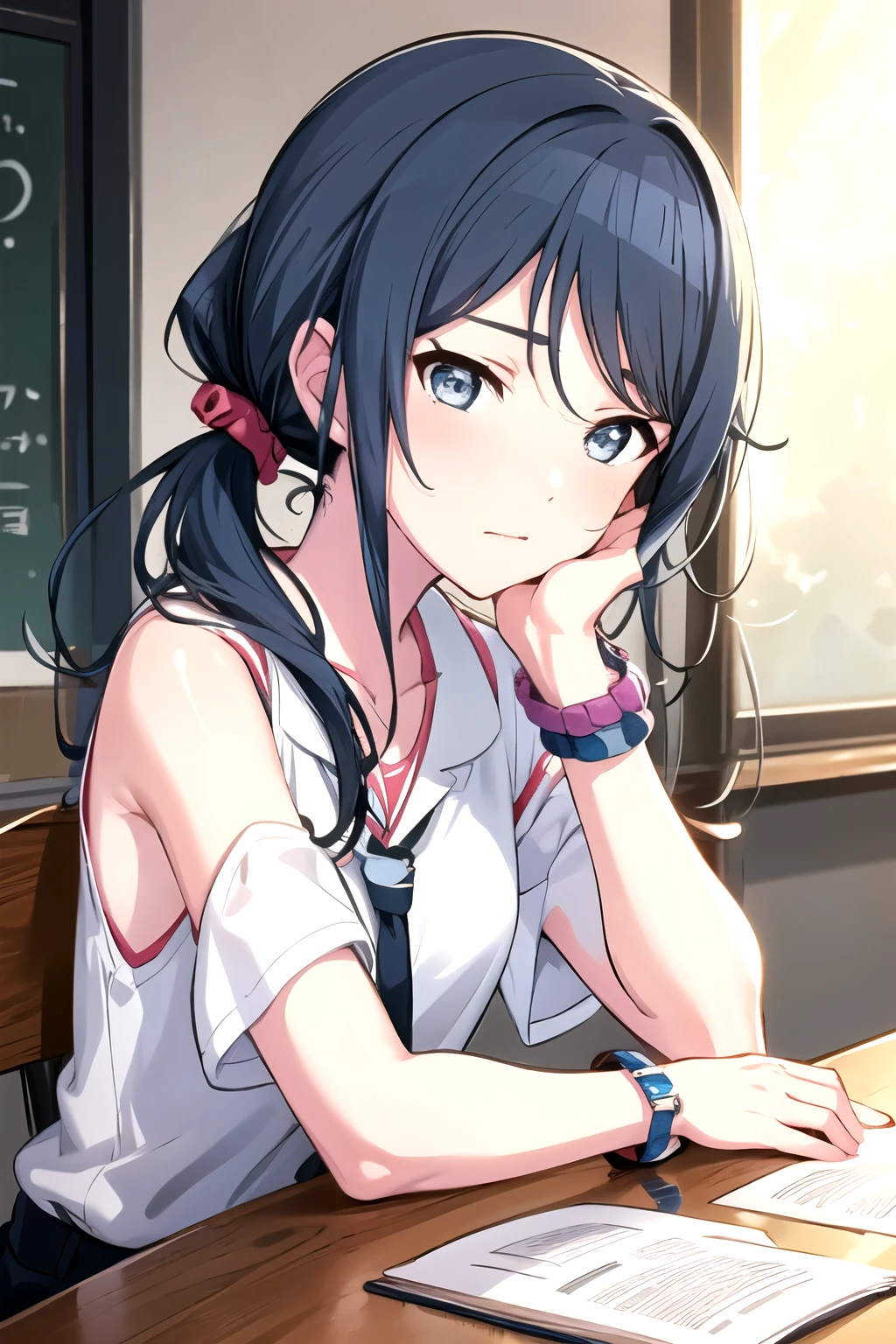 Ichika 3rd, View your viewers, shirt, Exposing shoulders,Blue Hair, white shirt, Upper Body, ponytail, tie, No sleeve,Manicure, bracelet, Show your hand, No sleeve shirt, Blue Claws,classroom,Waiting for a kiss,Blushed cheeks,