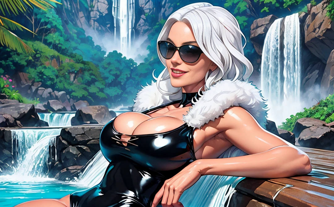 Caucasian woman, ((flowing white hair)), black sunglasses, small breasts, deep cleavage, toned body, ((black latex one piece swimsuit)), ((white trimmed fur)), ((laying by a waterfall)), tropical location, smile