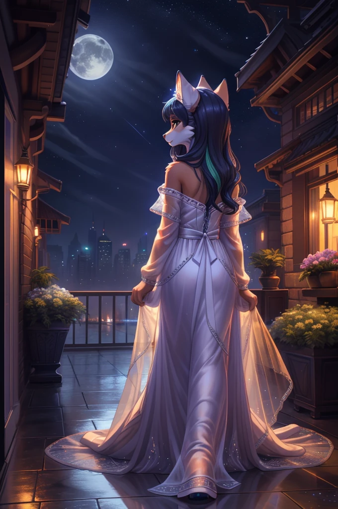 beautiful, (masterpiece), high quality, Highly detailed CG Unity 8k wallpaper, High resolution, perfect lighting, youthful, adolescent, tall, slim, skinny, frail slender figure, slim legs, distinctly feminine figure, narrow hips, long legs, medium plump breasts, A cinematic scene featuring a female furry fox in a whimsical, moonlit cityscape. Her fur coat is a blend of silver and midnight blue with soft, shimmering highlights. Her hair is long, flowing, and styled in elegant, loose waves that cascade down her back. Her eyes are a striking emerald green, reflecting the ambient glow of the city lights.

She is dressed in a delicate, flowing gown made of a translucent, gossamer fabric that sparkles subtly in the moonlight. The gown is adorned with intricate, silver embroidery that catches the light. She wears a delicate silver tiara with small, glowing gemstones.

She is posed gracefully atop a rooftop garden, surrounded by lush, blooming nightshade flowers and softly glowing lanterns. Her expression is serene and contemplative, as she gazes out over the city skyline, which is bathed in the soft, ethereal light of a full moon.

The background features a panoramic view of the city with tall, ornate buildings and a starry sky. The scene is illuminated by the gentle, cool light of the moon, casting a tranquil, magical atmosphere over the entire setting.