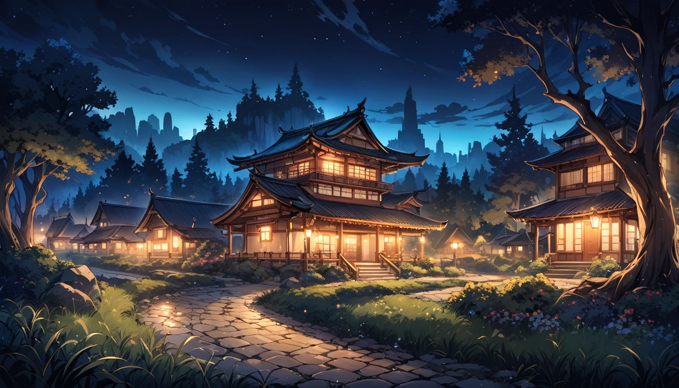 masterpiece, best quality, number, illustration, Anime style background, landscape, Low exposure, 4K resolution, Extreme details, Very detailed, night, light, Trees, Comfort, architecture