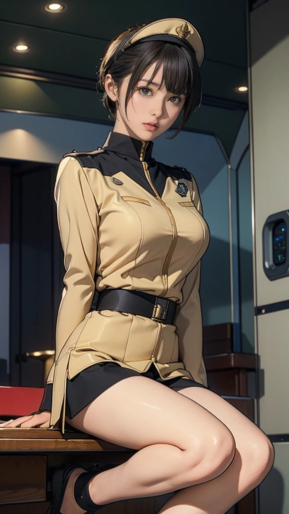 10-year-old girl、Earth Federation Operator Girl Soldier、Black short hair、Large Breasts、Idol-level cuteness、Childish face and appearance、Operator intercom mounted on head、Accurately drawn faces、thin、健康的なKnee-lengthスカート風の地球連邦軍制服、Knee-length、Inside the bridge of a battleship、Low angle shot、Anatomically correct、Accurate Fingers、Accurate Rimbuster Piece、Photorealization