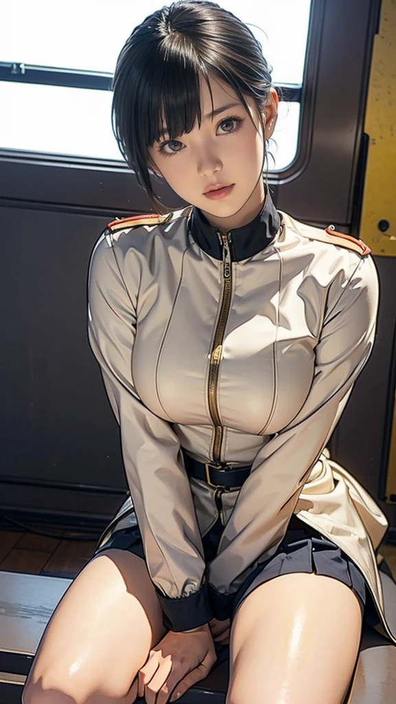 ****************、Earth Federation Operator Girl Soldier、Black short hair、Large Breasts、Idol-level cuteness、Childish face and appearance、Operator intercom mounted on head、Accurately drawn faces、thin、健康的なKnee-lengthスカート風の地球連邦軍制服、Knee-length、Inside the bridge of a battleship、Low angle shot、Anatomically correct、Accurate Fingers、Accurate Rimbuster Piece、Photorealization