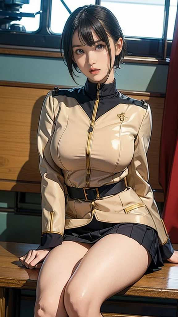 、Earth Federation Operator Girl Soldier、Black short hair、Large Breasts、Idol-level cuteness、Childish face and appearance、Operator intercom mounted on head、Accurately drawn faces、thin、健康的なKnee-lengthスカート風の地球連邦軍制服、Knee-length、Inside the bridge of a battleship、Low angle shot、Anatomically correct、Accurate Fingers、Accurate Rimbuster Piece、Photorealization