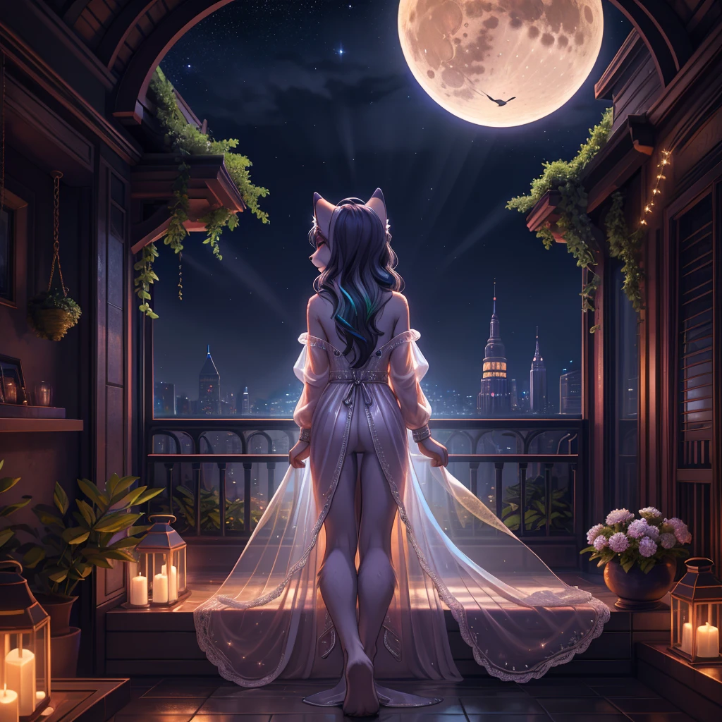 beautiful, (masterpiece), high quality, Highly detailed CG Unity 8k wallpaper, High resolution, perfect lighting, youthful, adolescent, tall, slim, skinny, frail slender figure, slim legs, distinctly feminine figure, narrow hips, long legs, medium plump breasts, A cinematic scene featuring a female furry fox in a whimsical, moonlit cityscape. Her fur coat is a blend of silver and midnight blue with soft, shimmering highlights. Her hair is long, flowing, and styled in elegant, loose waves that cascade down her back. Her eyes are a striking emerald green, reflecting the ambient glow of the city lights.
She is dressed in a delicate, flowing gown made of a translucent, gossamer fabric that sparkles subtly in the moonlight. The gown is adorned with intricate, silver embroidery that catches the light. She wears a delicate silver tiara with small, glowing gemstones.
She is posed gracefully atop a rooftop garden, surrounded by lush, blooming nightshade flowers and softly glowing lanterns. Her expression is serene and contemplative, as she gazes out over the city skyline, which is bathed in the soft, ethereal light of a full moon.
The background features a panoramic view of the city with tall, ornate buildings and a starry sky. The scene is illuminated by the gentle, cool light of the moon, casting a tranquil, magical atmosphere over the entire setting.