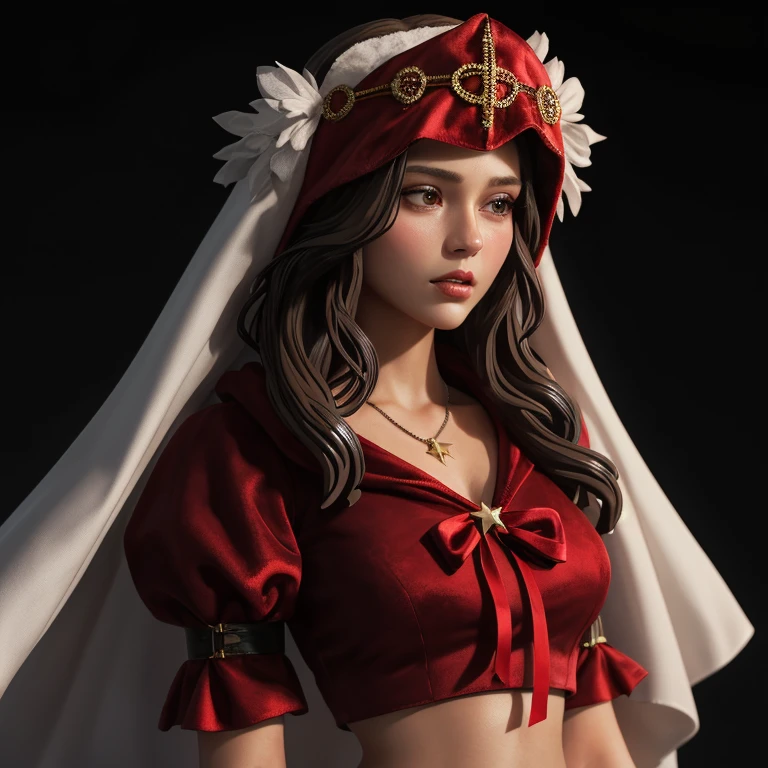 ((extreme detail)),(ultra-detailed), extremely detailed CG unity 8k wallpaper, velvet, figurine, red hood, crop top, star headdress, puffy sleeves, lips, looking away, close-up, head turn, black background