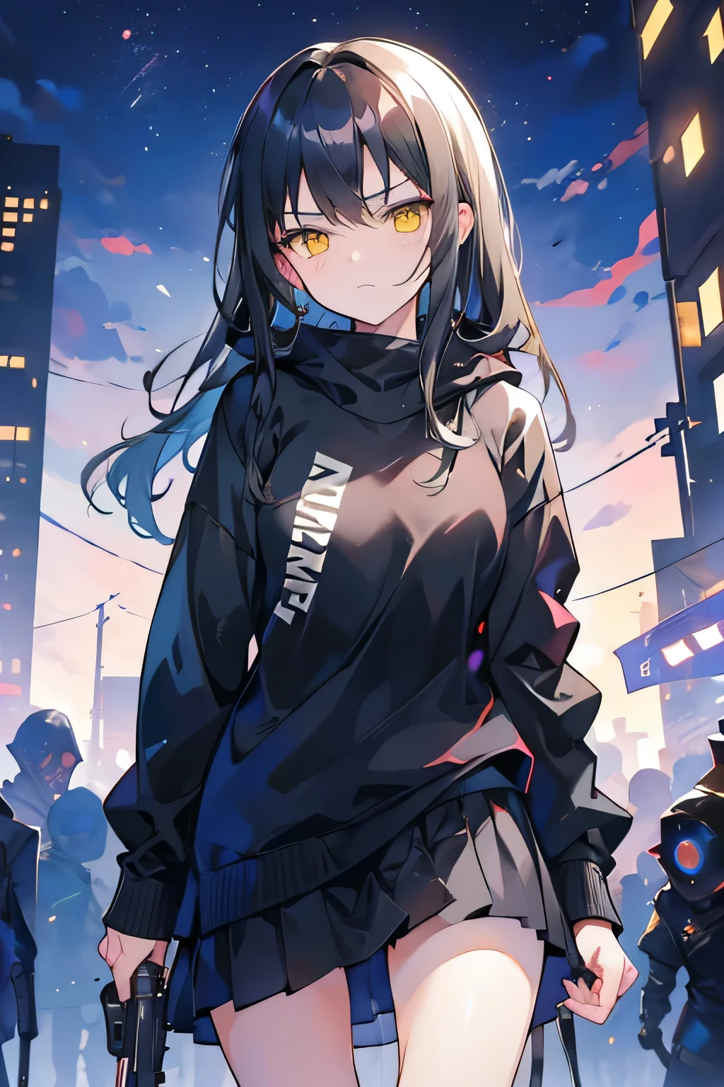 A girl, With long black hair, Yellow eyes, wearing a black sweater, Wearing a grey skirt, Use manipulation, Cruel, A satisfied expression on his face, Turn around and pose for the camera, Holding a gun, Is there any blood on her face or clothes?, Background is an alley at night, The situation is very confusing, High-resolution images, Good AI Art, No blurry images. 