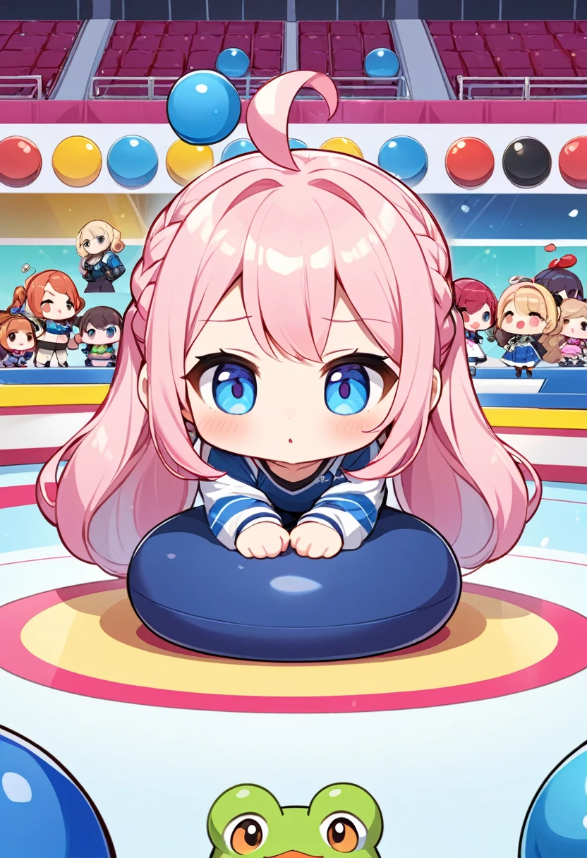 Highest quality、High resolution、Detailed Background、Beautiful face in every detail、Anatomically correct、Detailed facial expressions、fine grain、((full body, from below, front shot)), break　((One Girl:1.2)、(Chibi Girl:1.2))、Cute hair color、Big beautiful blue eyes、Fuller lips、Pink Lips、Braided twin tails、Ahoge、(bonspiel:1.5, play curling:1.5)、（Junior High School Gym Clothes、sports boots）、(I'm in a lot of trouble、A blank look)、break　(curling lane:1.2、sit straight on a curling stone:1.2、Place your hands in front of your knees:1.2、Big frog in hand:1.2)、(background is a skating rink, audience、curling stones:1.2)